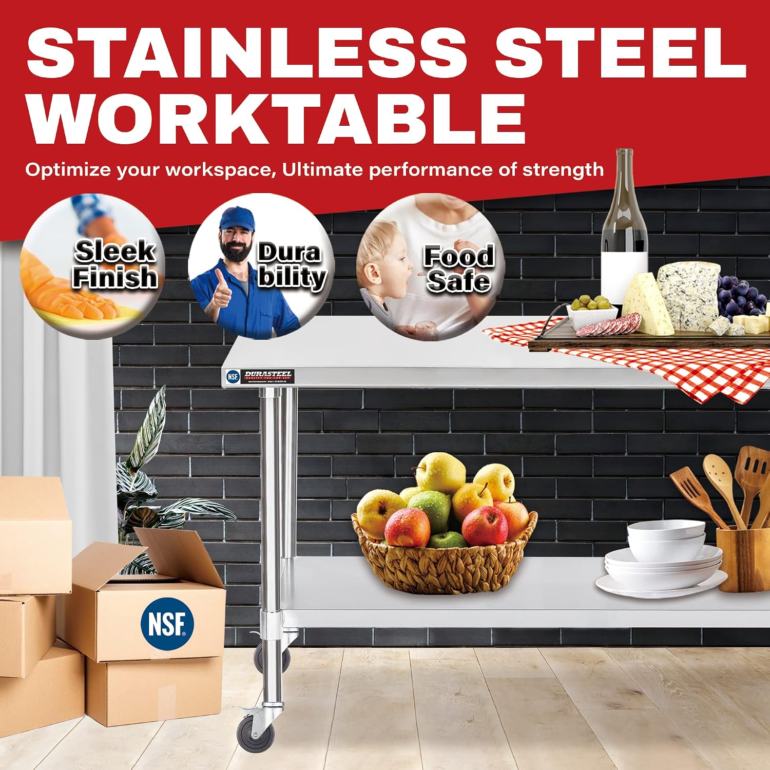 DuraSteel 30x60 NSF Stainless Steel Cart - Heavy Duty Food Prep Table with Undershelf - Rolling Kitchen Island on Wheels for Commercial Restaurant Kitchen, Garage, Outdoor Cooking, BBQ Grill, Counter