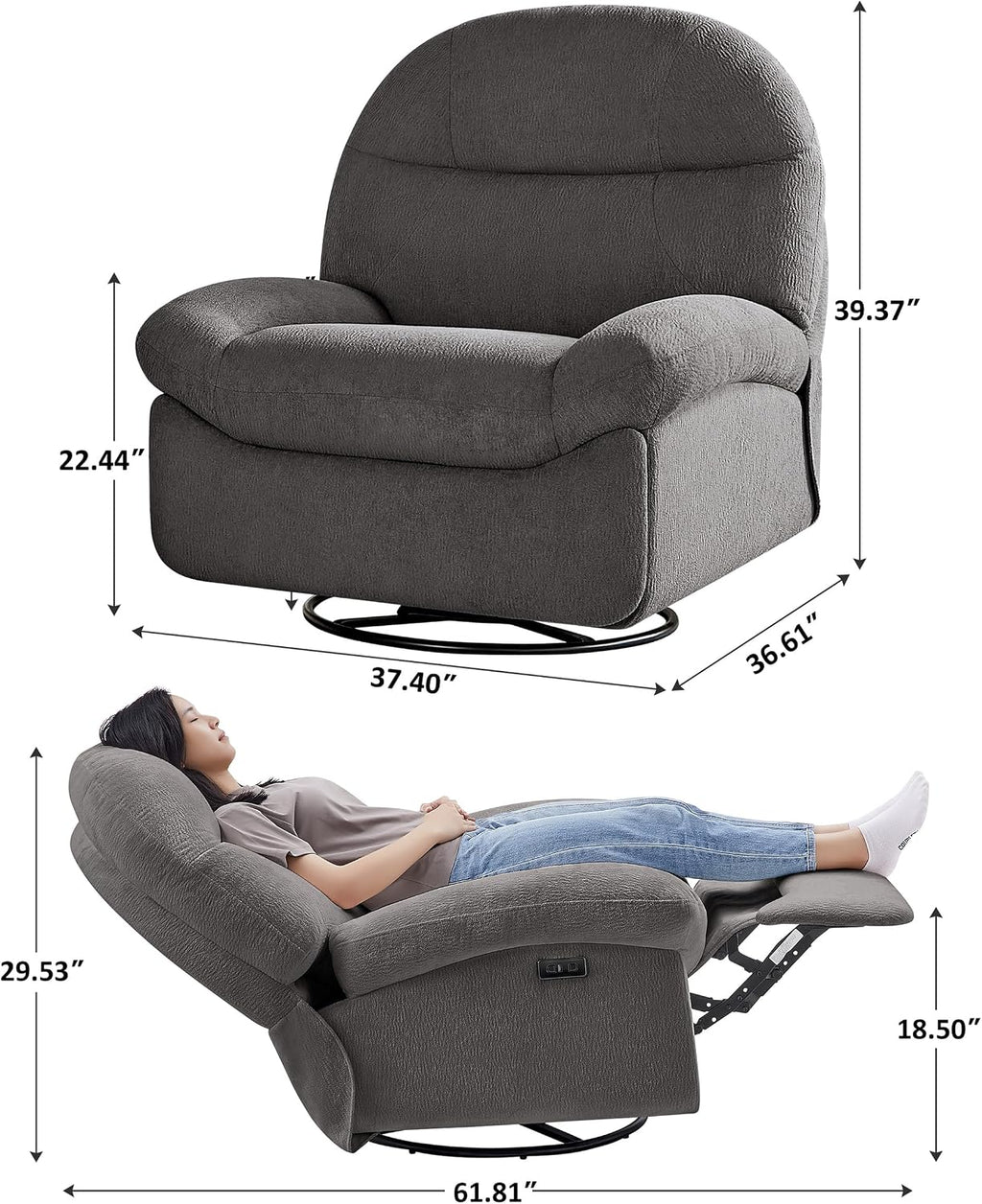 VANOMi Power Recliner Chair with Charging, 270° Swivel Glider Rocker, Electric Nursery Recliner for Living Room, Bedroom, and Office, Dark Gray, Set of 2