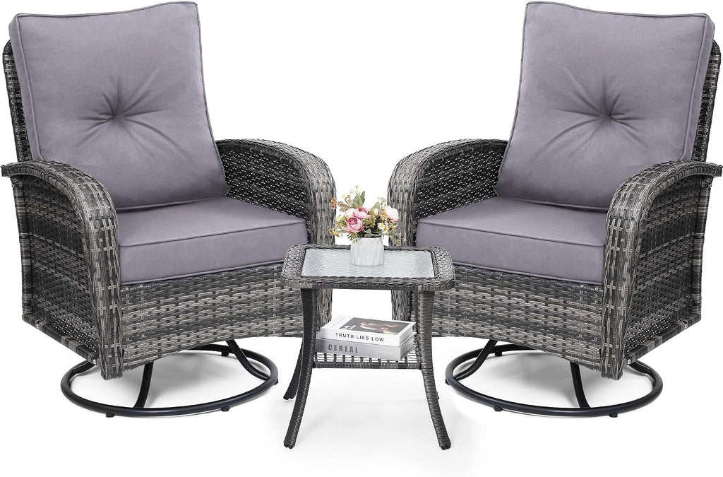 wildformers Luxury Outdoor Swivel Wicker Glider Patio Chairs with Table Set, Overstuffed Washable Cushions, Ideal for Porch, Balcony, Deck, Grey Rattan and Grey Cushion
