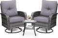 wildformers Luxury Outdoor Swivel Wicker Glider Patio Chairs with Table Set, Overstuffed Washable Cushions, Ideal for Porch, Balcony, Deck, Grey Rattan and Grey Cushion