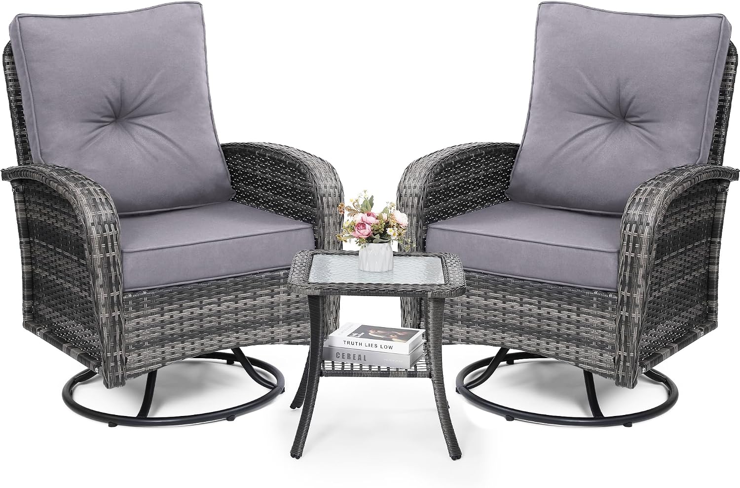 wildformers Luxury Outdoor Swivel Wicker Glider Patio Chairs with Table Set, Overstuffed Washable Cushions, Ideal for Porch, Balcony, Deck, Grey Rattan and Grey Cushion