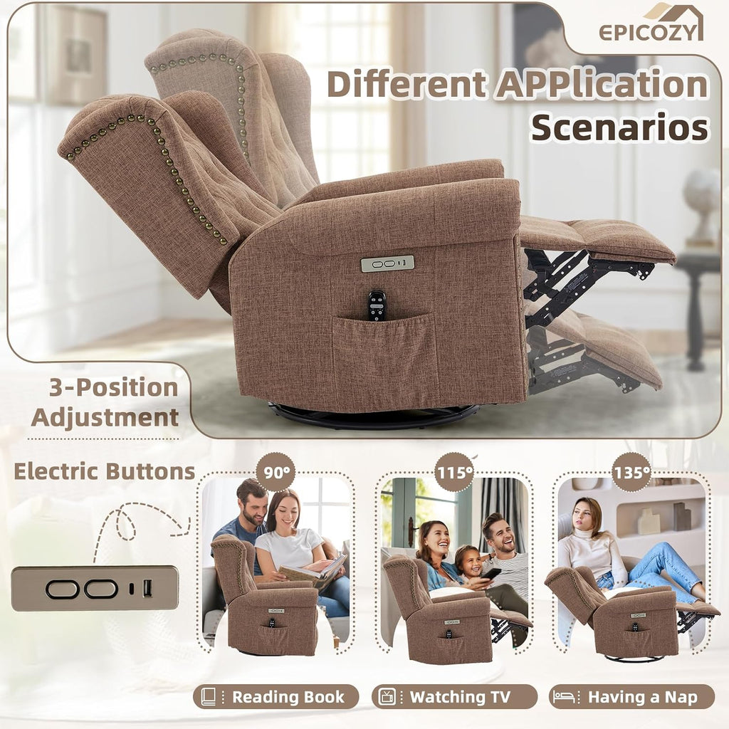 Power Swivel Rocking Glider Recliner Chair with Massage and Heat, Electric Nursery Glider Rocker for Living Room, Wingback Tufted Upholstered Recliner Chair with Type-C & USB Ports, Brown