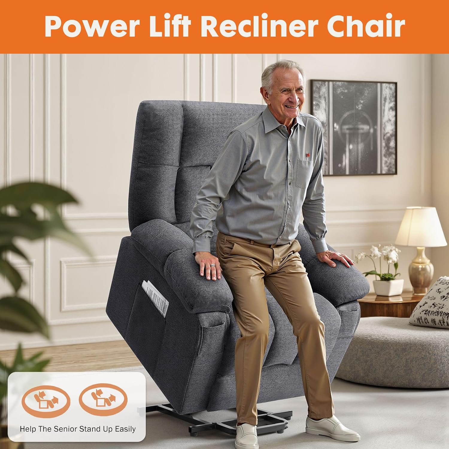 Sweetcrispy Power Lift Recliner Chair with Vibration Massage and Heat for Elderly, Ergonomic Overstuffed Breathable Fabric Reclining Chair with 3 Pockets, Remote Control, Living Room, Light Brown
