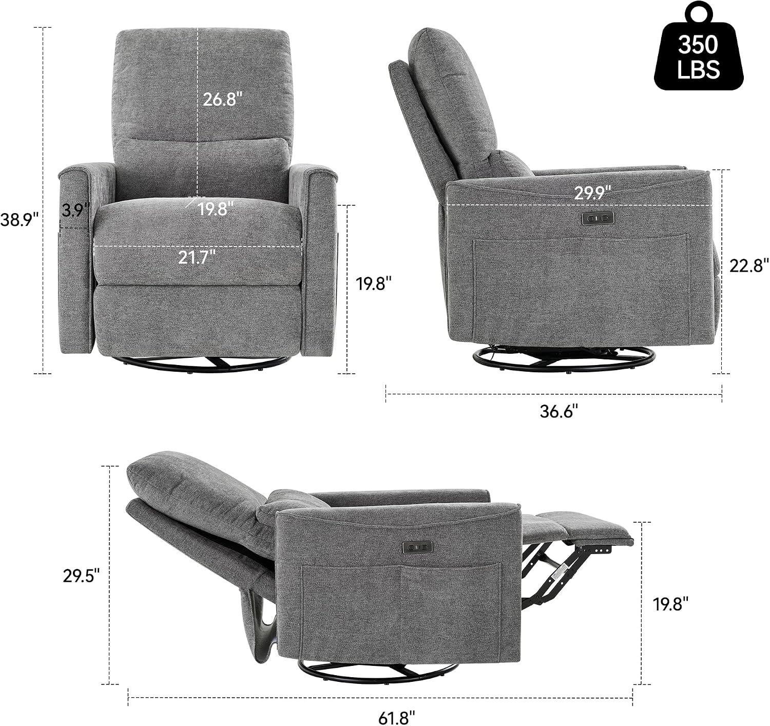 Power Swivel Rocker Recliner,Fabric Glider Recliner Nursery Chair,Small Rocking Chair,Single Reclining Sofa with Lumbar Support,USB&Type-C Ports,Living Room Home Threater Seat, Flint Grey