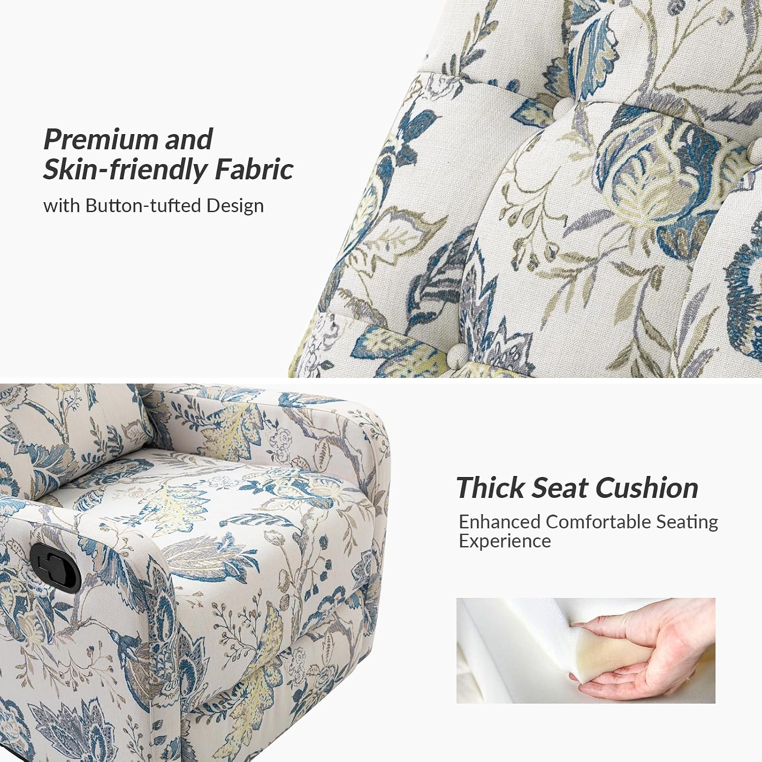 HULALA Home Recliner Chair Modern Printed Fabric for Living Room, Wingback Rocker Recliner Sofa Comfy Armchair 360 Degree Swivel, Nursery Rocking Chairs with Adjustable Backrest & Footrest/Blue
