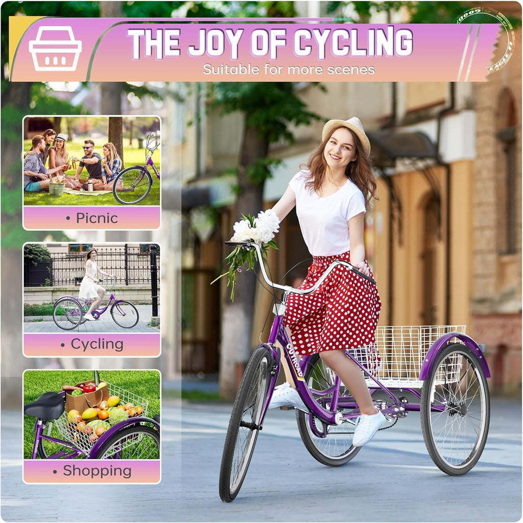 1 Speed Adult Tricycle, 24/26 inch Cruiser Trike with Large Basket for Women Men Seniors, 3 Wheel Bike for Outdoor, Shopping, Recreation, Picnic (Red/Blue/Purple)