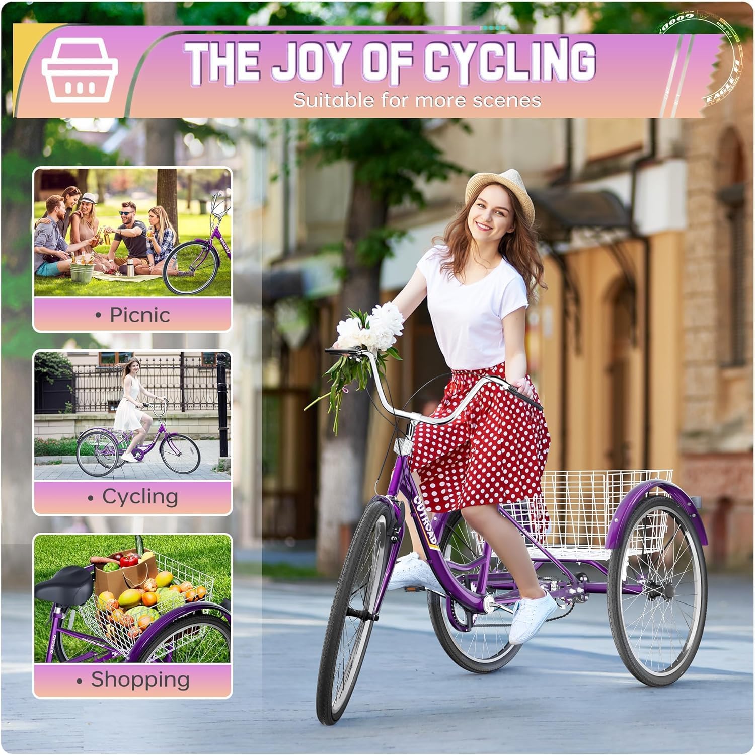 1 Speed Adult Tricycle, 24/26 inch Cruiser Trike with Large Basket for Women Men Seniors, 3 Wheel Bike for Outdoor, Shopping, Recreation, Picnic (Red/Blue/Purple)