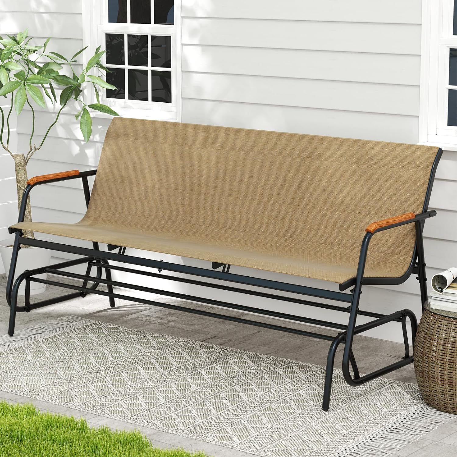 Giantex Patio Glider, 3-Person Swing Gliding Loveseat with Curved Teak Armrests, Fabric Seat, Metal Frame, Load 990lbs, Outdoor Rocking Chair for Porch, Yard, Poolside (29'x66.5'x33')