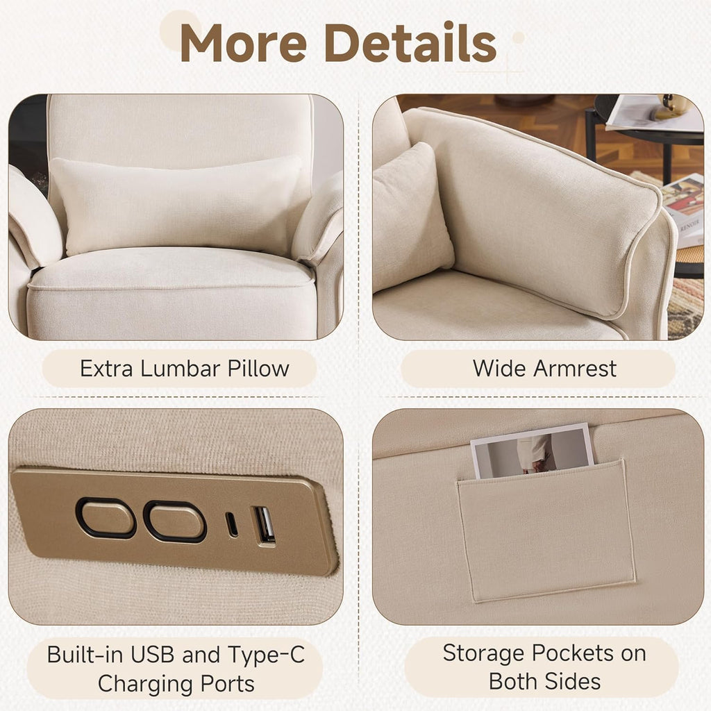 MELLCOM Power Recliner Rocking Chair Nursery Gliders with Adjustable Armrests and Headrest, Swivel Electric Glider Reclining Nursing Chair with Storage Bags and USB Port, FSC Certified,Beige Fabric