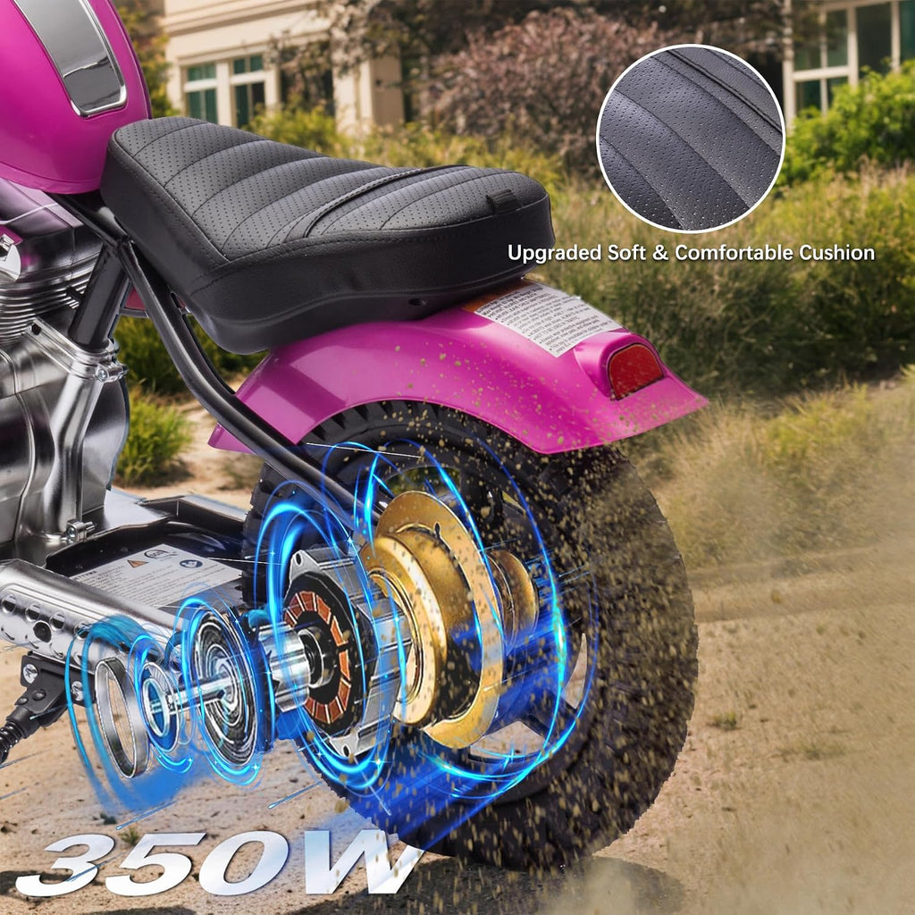 36V 7.5AH Electric Motorcycle for Kids, 350W Strong Motor 14MPH Fast Speed Electric Retro Off-Road Motorcycle, Leather Seat Dirt Bike, LED Lights, Air-Filled Tires, Silver Pink