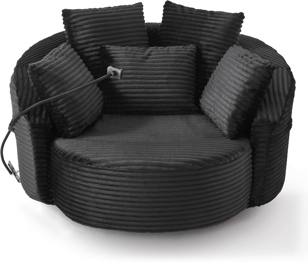JIVOIT 360° Swivel Accent Chair with 5 Throw Pillows, Adjustable Phone Holder, Corduroy Fabric Round Sofa Chair Barrel Chair with Semi-Wraparound Design for Living Room, Office and Hotel (Black,1)