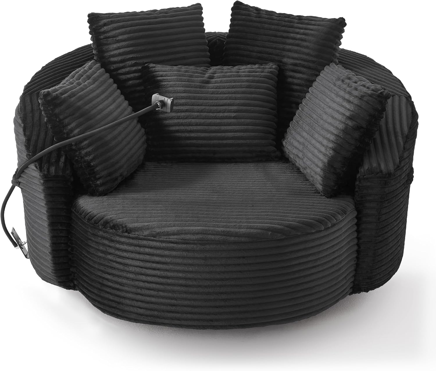JIVOIT 360° Swivel Accent Chair with 5 Throw Pillows, Adjustable Phone Holder, Corduroy Fabric Round Sofa Chair Barrel Chair with Semi-Wraparound Design for Living Room, Office and Hotel (Black,1)