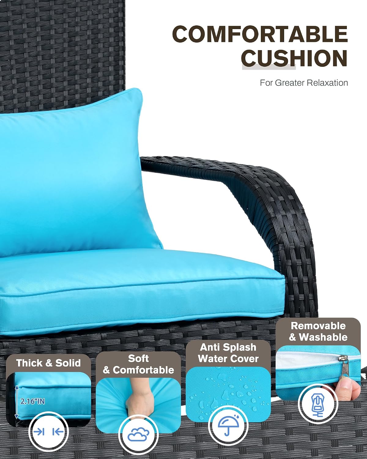Outdoor Rocking Chair, Patio Rattan Rocker Chair with Cushions & Steel Frame, All Weather Porch Rocking Chair for Garden, Porch, Backyard, Poolside (Black Rattan & Teal Cushion, 320lbs)