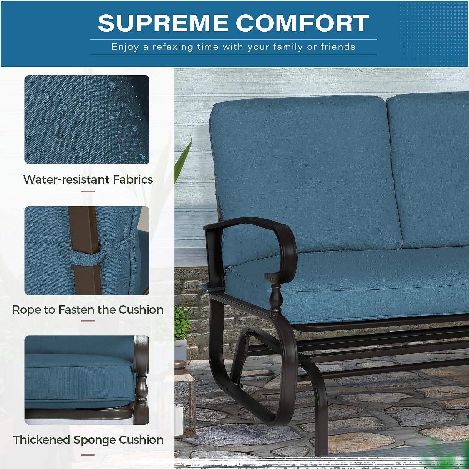 Crownland Outdoor Patio Glider Chair, Rocking Glider Bench for 2 Person, Porch Furniture Loveseat Seating, Wrought Iron Patio Textilene Gliders for Outside, Porch, Garden(Peacock Blue)