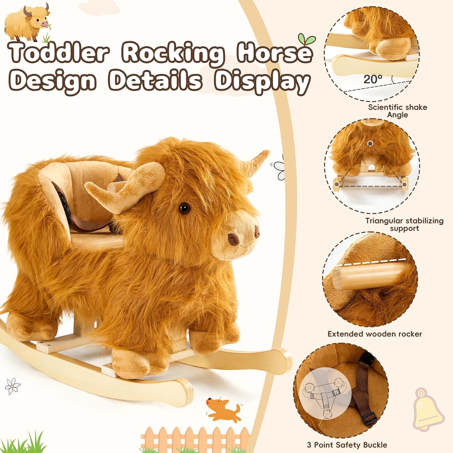 Baby Rocking Horse,Highlander Cattle Wooden Rocking Horse for Toddlers 1 Year Old Cute Cow Stuffed Plush Ride-on Toy Rocking Animal for Baby Boys and Girls Nursery/Child Christmas or Birthday Gift