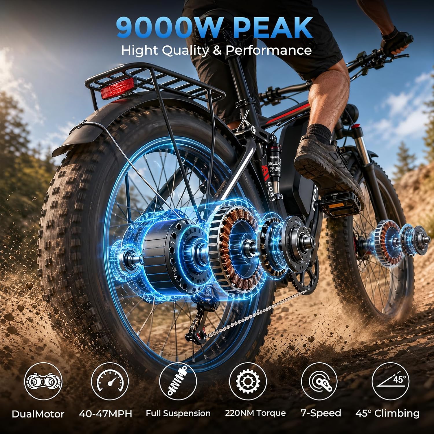 Peak 9000W Dual Motor Ebike for Adults, 58V Max-Output Battery 24Inch Fat Tire Electric Bike, Max 47MP H Speed & 105 Miles Range, Hydraulic Disc Brakes Full Suspension