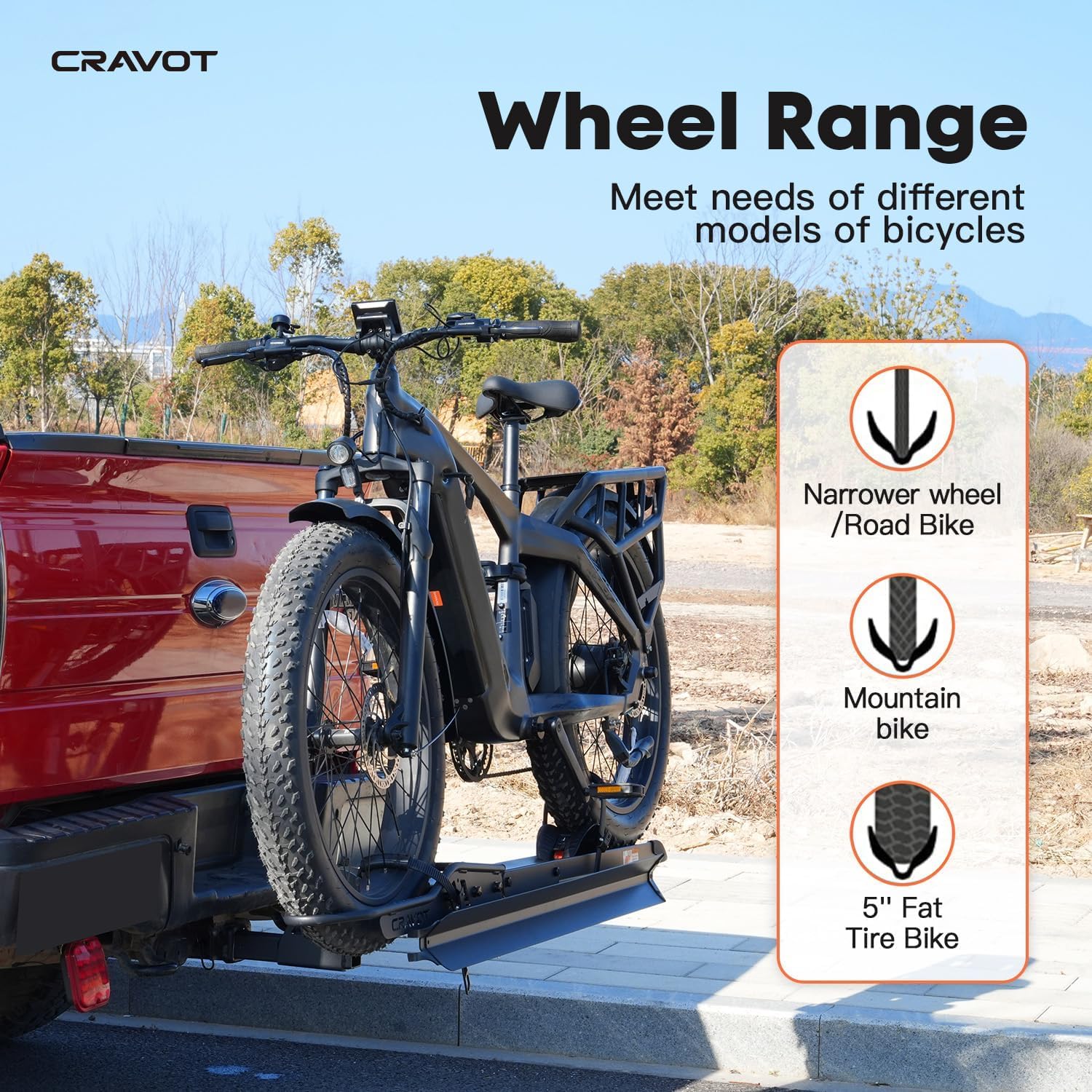 CRAVOT CyberRack E1 Electric Bike Rack, 100 lbs Capacity Foldable E Bike Racks for Tow Hitch Heavy Electric Bike Carrier for 1 E-Bike, Up to 5-inch Fat Tire 2'' Receiver w/Lock