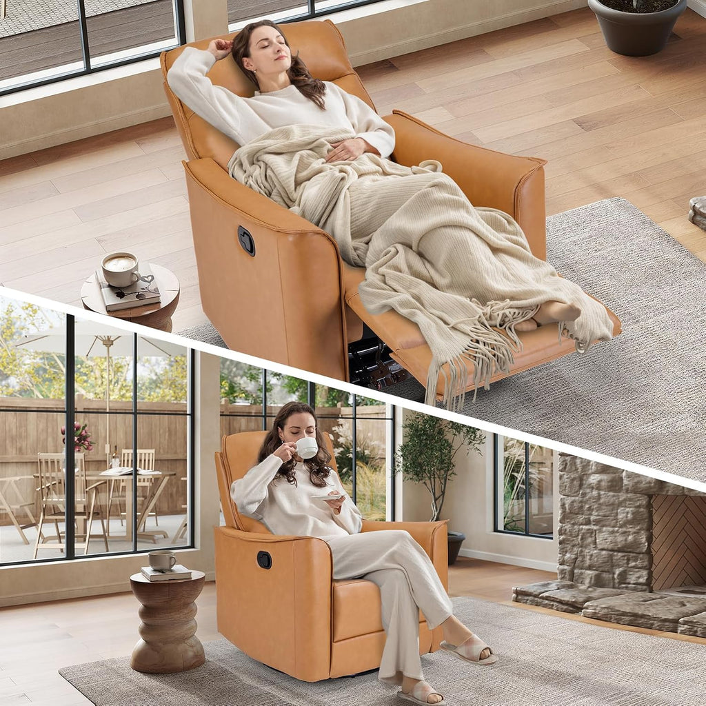 ANJ Manual Swivel Rocker Recliner, Glider Recliners with Padded Armrest and Backrest, Soft Leather Nursery Rocking Recliner Chair Reclining Sofa for Living Room
