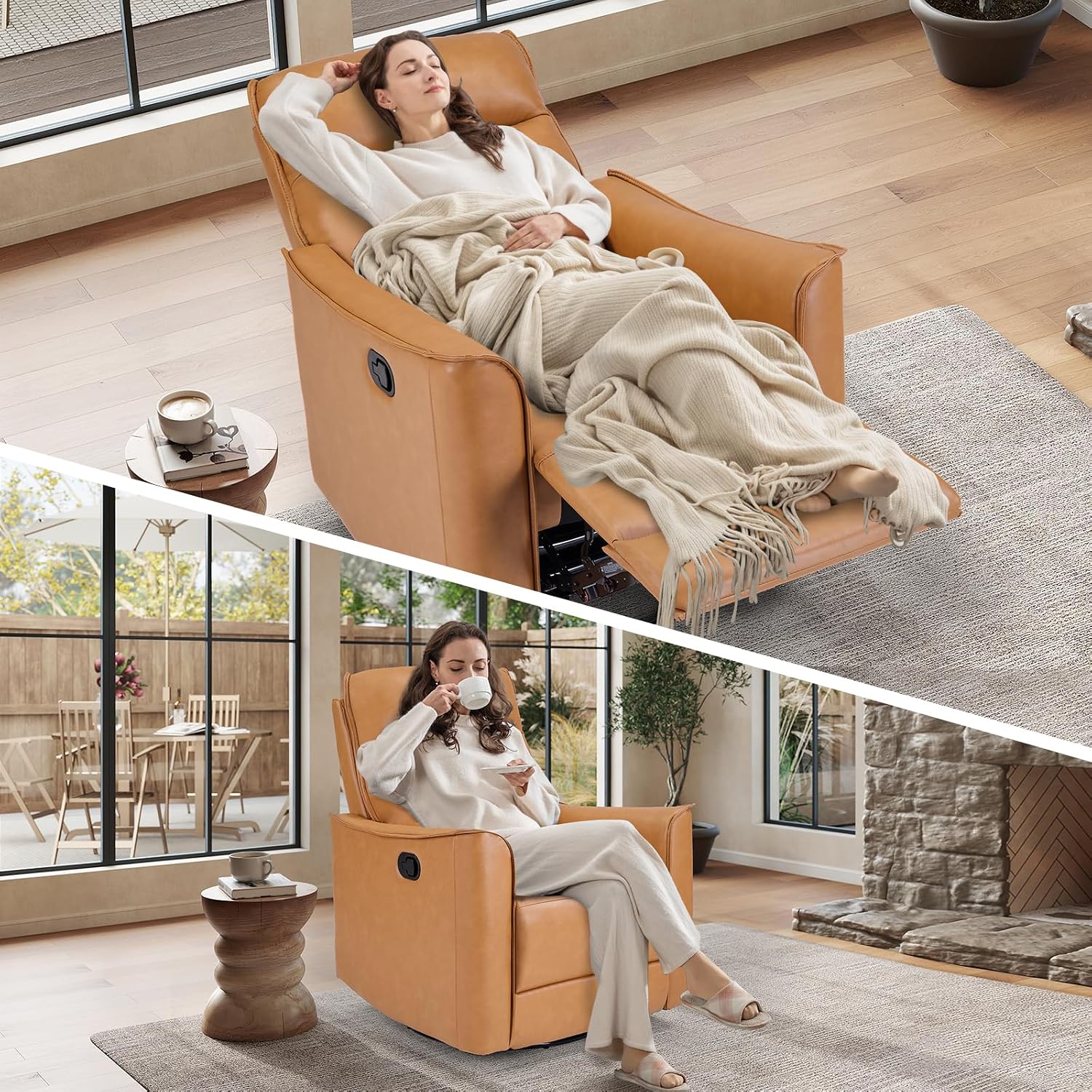 ANJ Manual Swivel Rocker Recliner, Glider Recliners with Padded Armrest and Backrest, Soft Leather Nursery Rocking Recliner Chair Reclining Sofa for Living Room