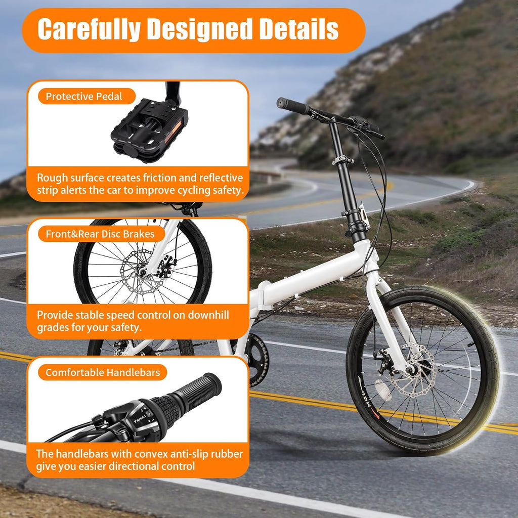 Folding Bike, Foldable Bicycle with 7 Speed Gears 20-inch Wheels Easy Folding City Bicycle with Dual Disc Brakes for Adult, Teenager, Traveling, Exercising, Commuting