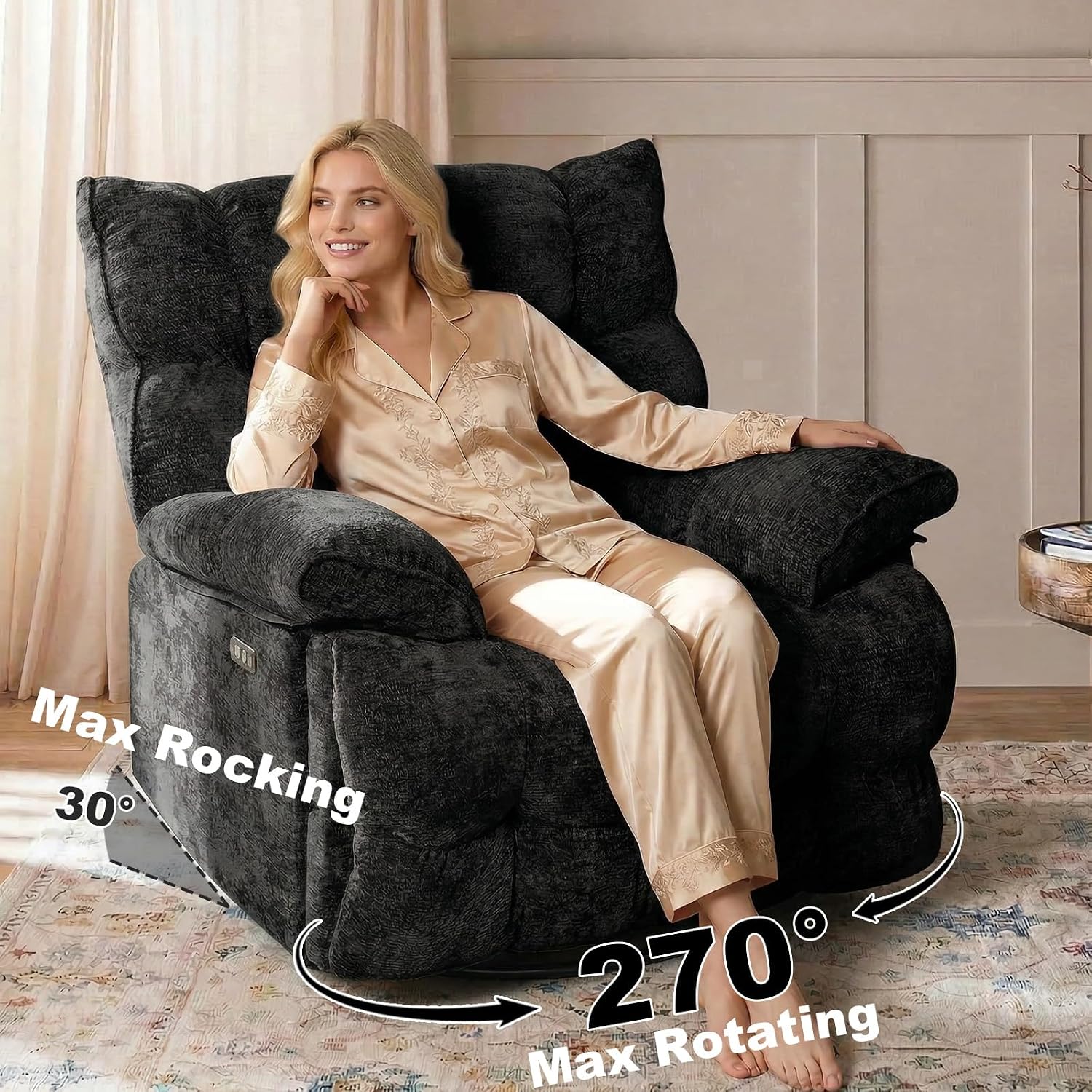GINGO Power Oversized Recliner Chair, Extra Wide Swivel Rocking Recliner Chair, Breathable Soft Fabric Modern Single Sofa for Living Room, 90°-140° Electric Adjustable Angle, USB & Type-C Port, Black