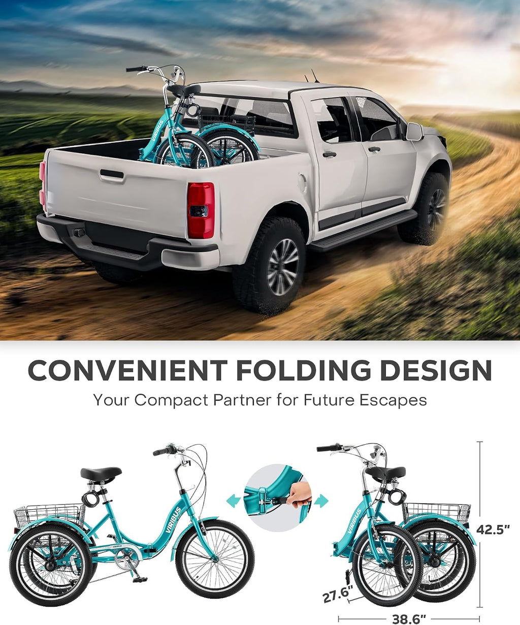 VIRIBUS Folding Tricycle for Adults, 20 inch Foldable Adult Tricycle 1 or 7 Speed Speed with Basket, Folding 3 Wheel Bikes for Adults Senior Women Men, Collapsible Mini Trike, Three Wheeler 330lb.