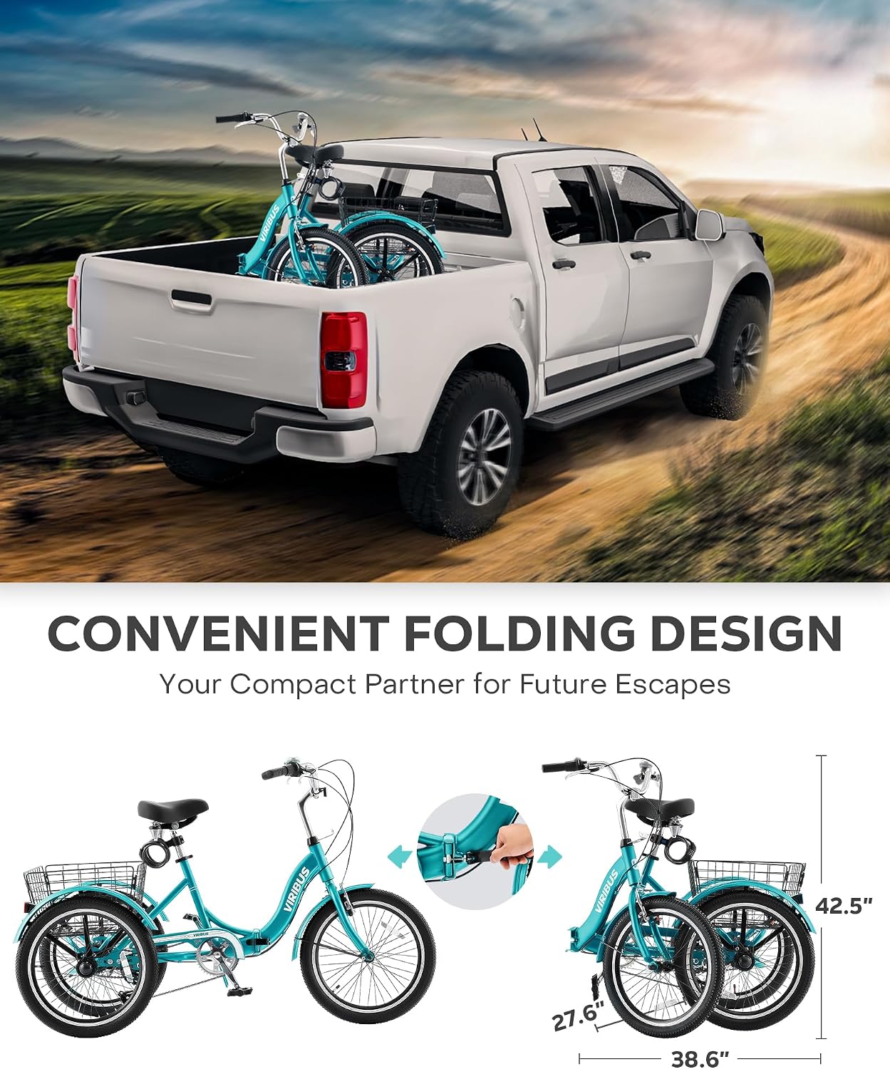 VIRIBUS Folding Tricycle for Adults, 20 inch Foldable Adult Tricycle 1 or 7 Speed Speed with Basket, Folding 3 Wheel Bikes for Adults Senior Women Men, Collapsible Mini Trike, Three Wheeler 330lb.