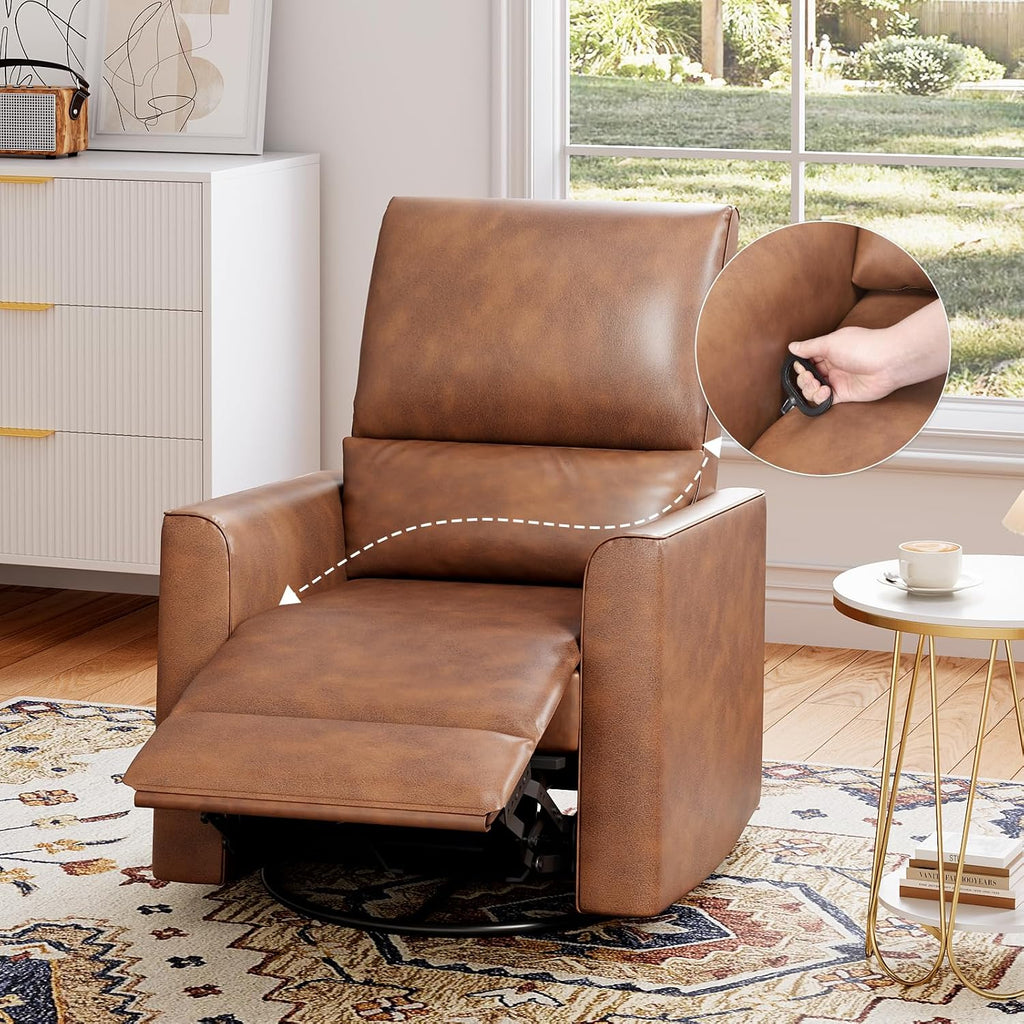 GAOMON Swivel Rocking Recliner Chair, Manual Leather Recliner Glider with Lumbar Support & Padded Armrest, Comfortable Rocker Nursery Single Sofa for Living Room and Bedroom (Brown)
