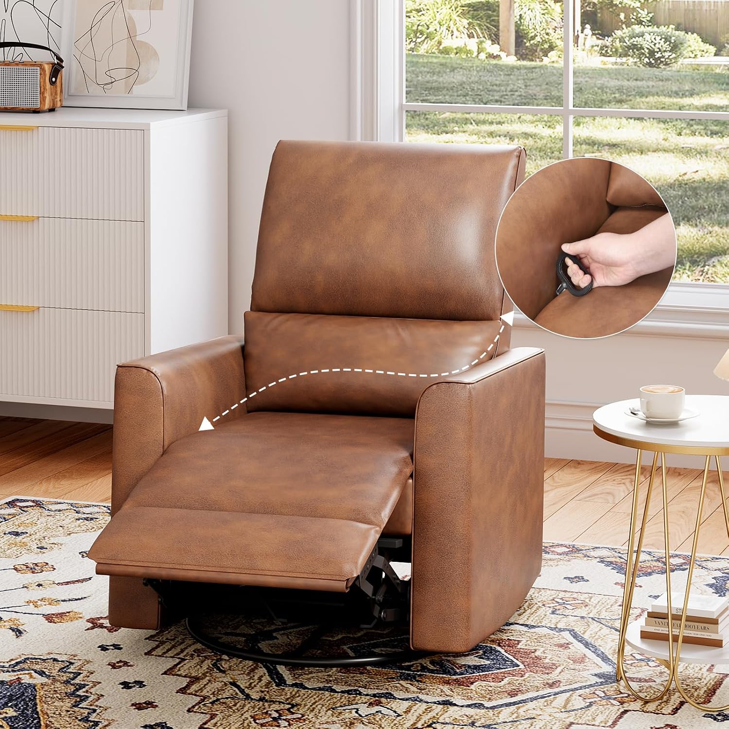 GAOMON Swivel Rocking Recliner Chair, Manual Leather Recliner Glider with Lumbar Support & Padded Armrest, Comfortable Rocker Nursery Single Sofa for Living Room and Bedroom (Brown)