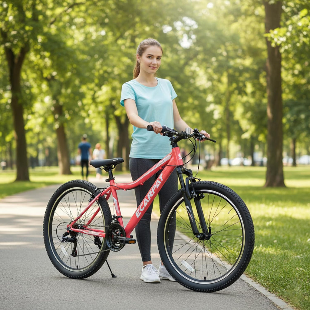 Ecarpat 24 26 Inch Mountain Bike for Girls, 21 Speeds Steel Frame Girls Bike, Front Suspension Teens Sport Bicycle for School Short Trip Camping, Summer Gift for Girls, Pink Purple White Options