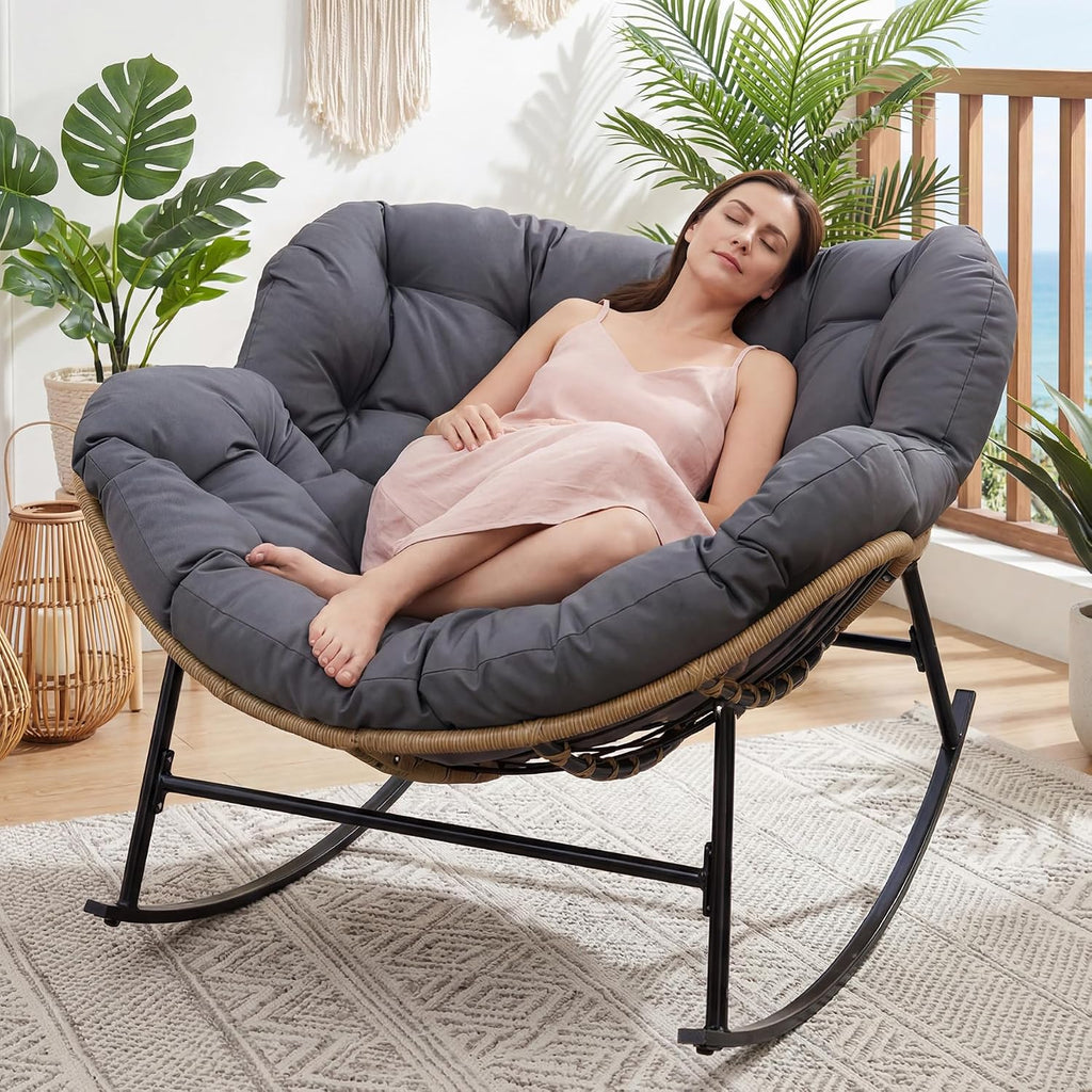 FINCATI Indoor Outdoor Papasan Rocking Chair, Modern Large Reading Lounge Recliner with Cushion, Comfy Big Wicker Rattan Egg Chairs, 450 lbs Sturdy Glider for Bedroom Living Room Porch Garden Grey