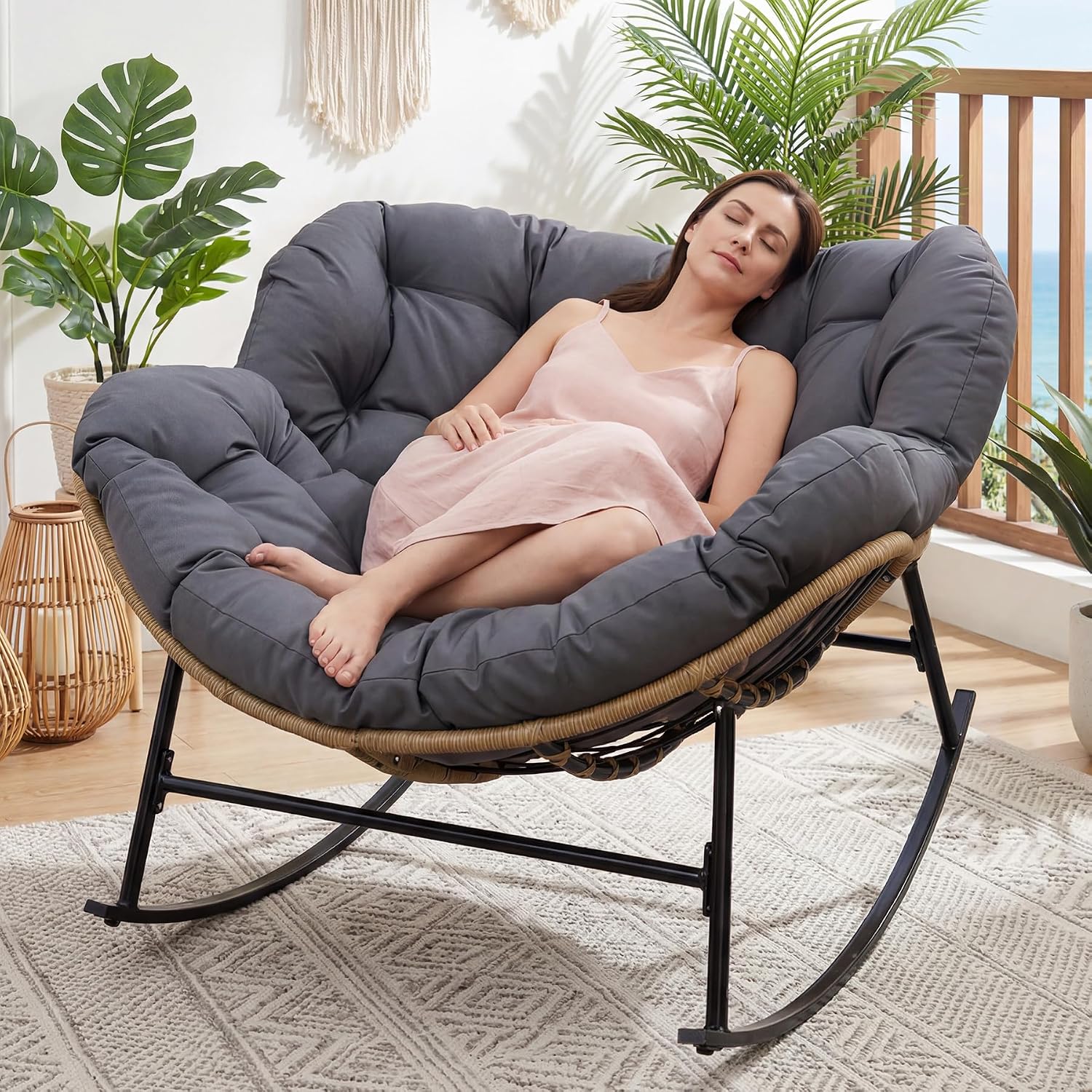 FINCATI Indoor Outdoor Papasan Rocking Chair, Modern Large Reading Lounge Recliner with Cushion, Comfy Big Wicker Rattan Egg Chairs, 450 lbs Sturdy Glider for Bedroom Living Room Porch Garden Grey