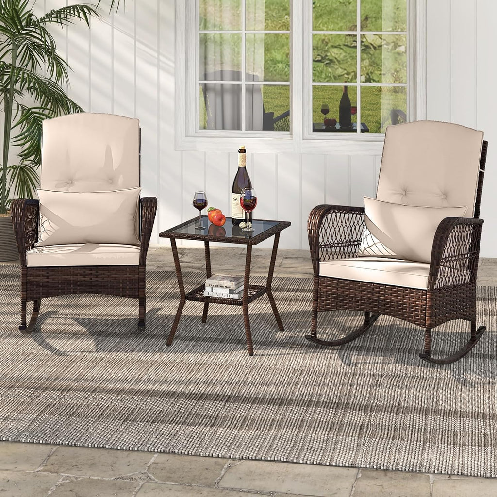 Tangkula 3 Piece Patio Rocker Set, Patiojoy Outdoor Wicker Rocking Chairs w/Double-Layer Coffee Table, Rattan Rocker Chair Set w/Seat Back Cushions & Pillows, for Porch, Backyard, Poolside (Beige)