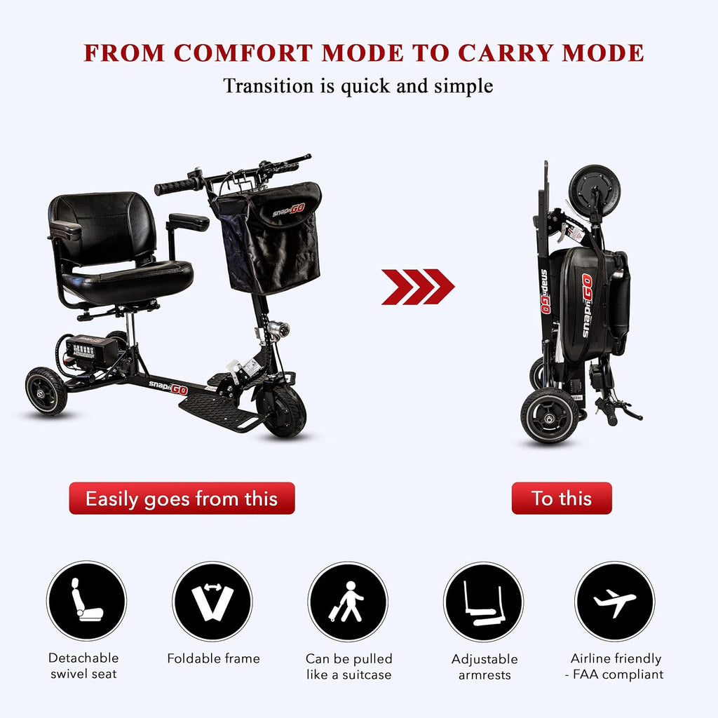 SNAPnGO Three Wheel Portable Mobility Adult Scooter - Aircraft-Grade Aluminum Frame for Top Speeds of 5mph and 13-Mile Range - Folding Feature, 250W Motor, Quick Charge 36V Lightweight Battery
