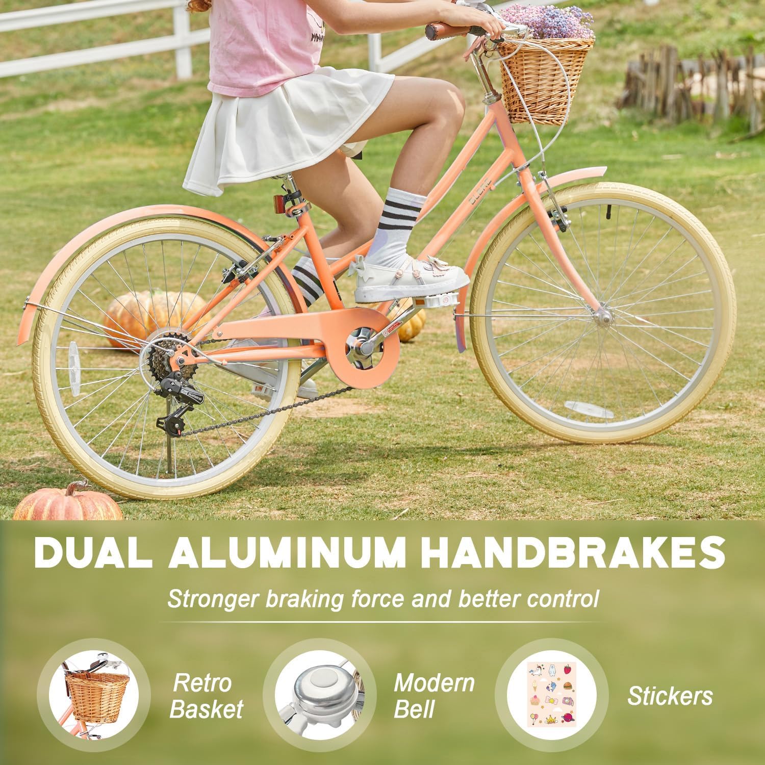 Glerc 20 24 26 Inch Beach Cruiser Bike, 6-Speed Hybrid City Bicycle for Girls Youth and Over 6 Years Old, Missy Bike with Wicker Basket & Lightweight, Multiple Colors