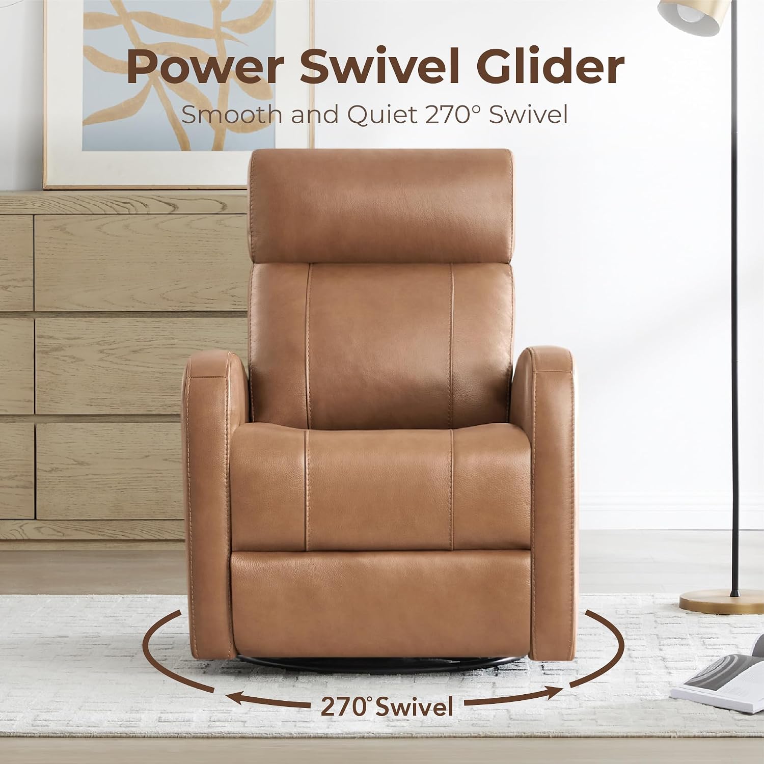 CHITA Genuine Leather Power Recliner Chair for Adults, FSC Certified Electric Nursery Swivel Glider for Living Room, Camel Brown