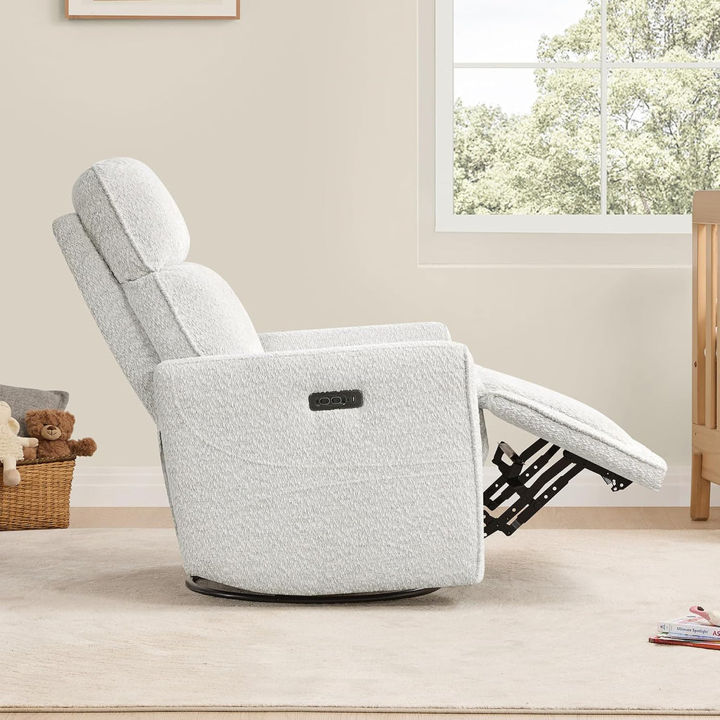 CHITA Power Recliner Chair Swivel Glider with Adjustable Power Headrest, FSC Certified Electronic Modern Nursery Rocking Chair with USB and Type-C Ports, Boucle White
