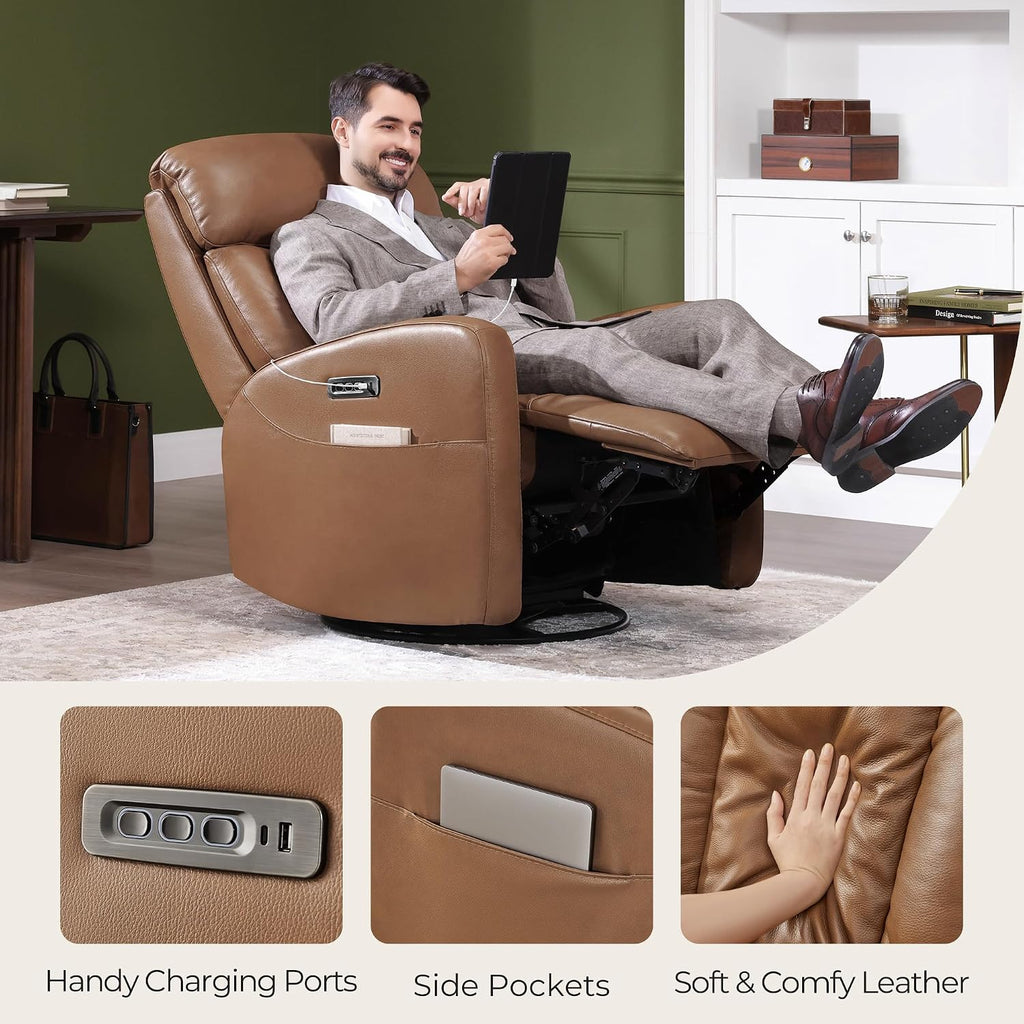 CHITA Leather Power Swivel Recliner Chair for Adults, Triple Motor Electric Rocker Recliner for Living Room with Adjustable Headrest and Lumbar Support, USB & Type-C Charging Ports, Saddle Brown