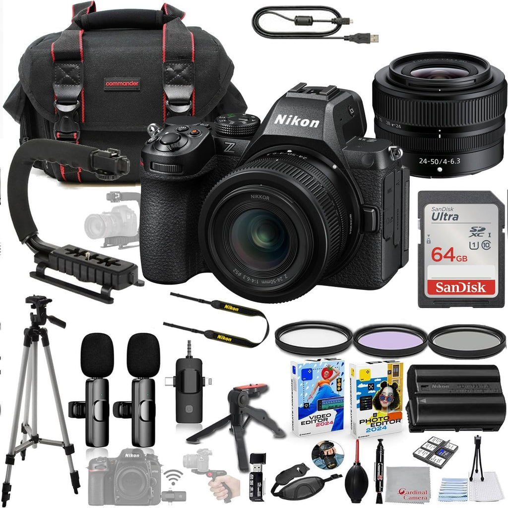 Nikon Z5 II Mirrorless Camera with 24-50mm f/4-6.3 Lens Bundle + Wireless Microphone System + Accessory Package Including 64GB Memory, U-Grip, Case, Tripod, Software and More (33 Items)