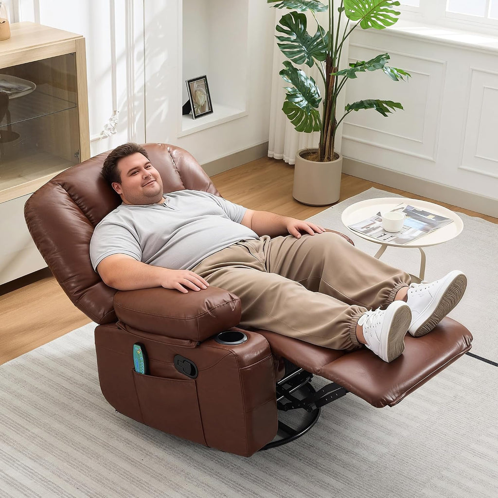 Rocker Recliner Chair with Heat and Massage,Nursery Recliner 360° Swivel Oversized Chairs for Adults,PU Leathe Lazy Boy Single Sofa Seat with 3 Positions, Side Pockets,Cup Holders for Living Room