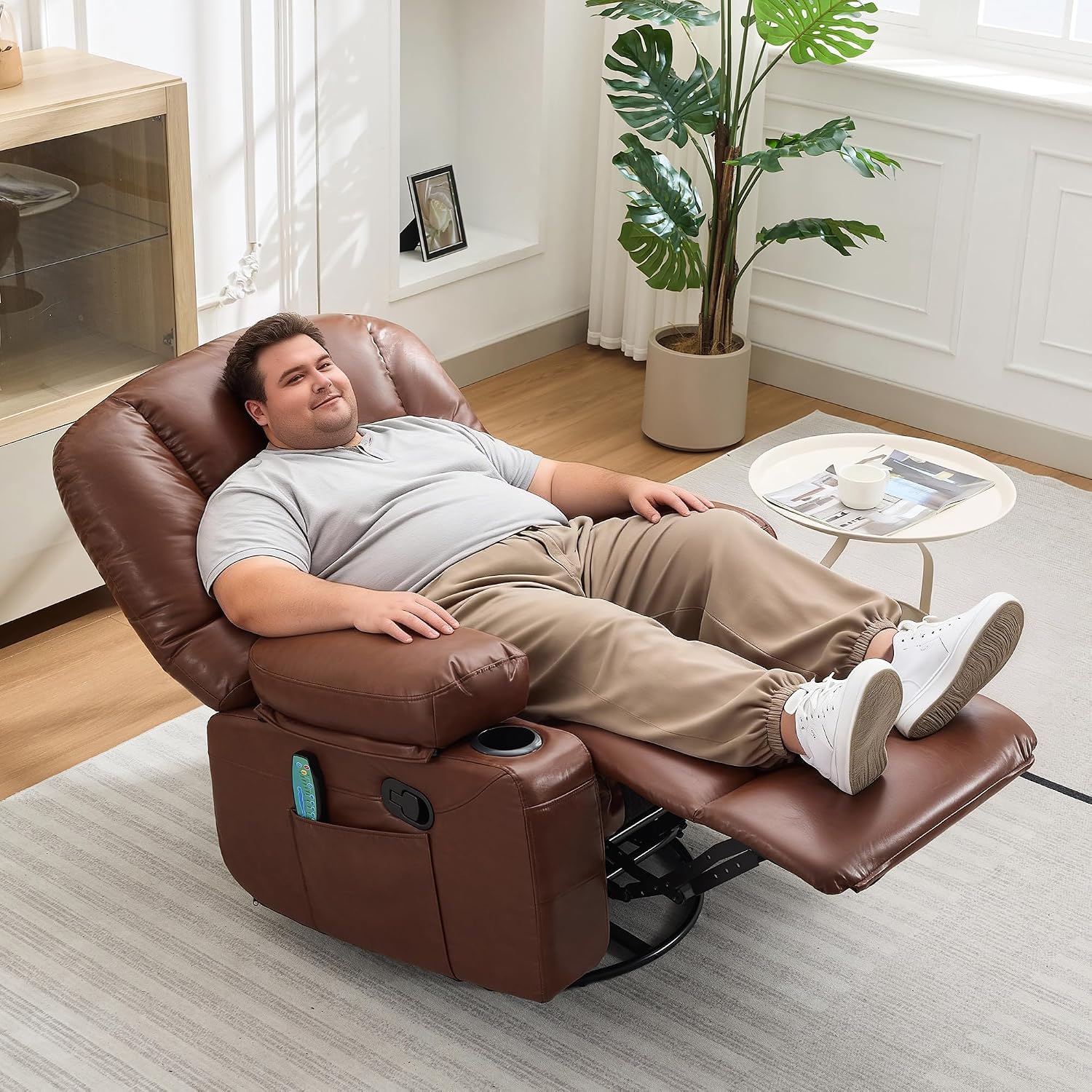 Rocker Recliner Chair with Heat and Massage,Nursery Recliner 360° Swivel Oversized Chairs for Adults,PU Leathe Lazy Boy Single Sofa Seat with 3 Positions, Side Pockets,Cup Holders for Living Room