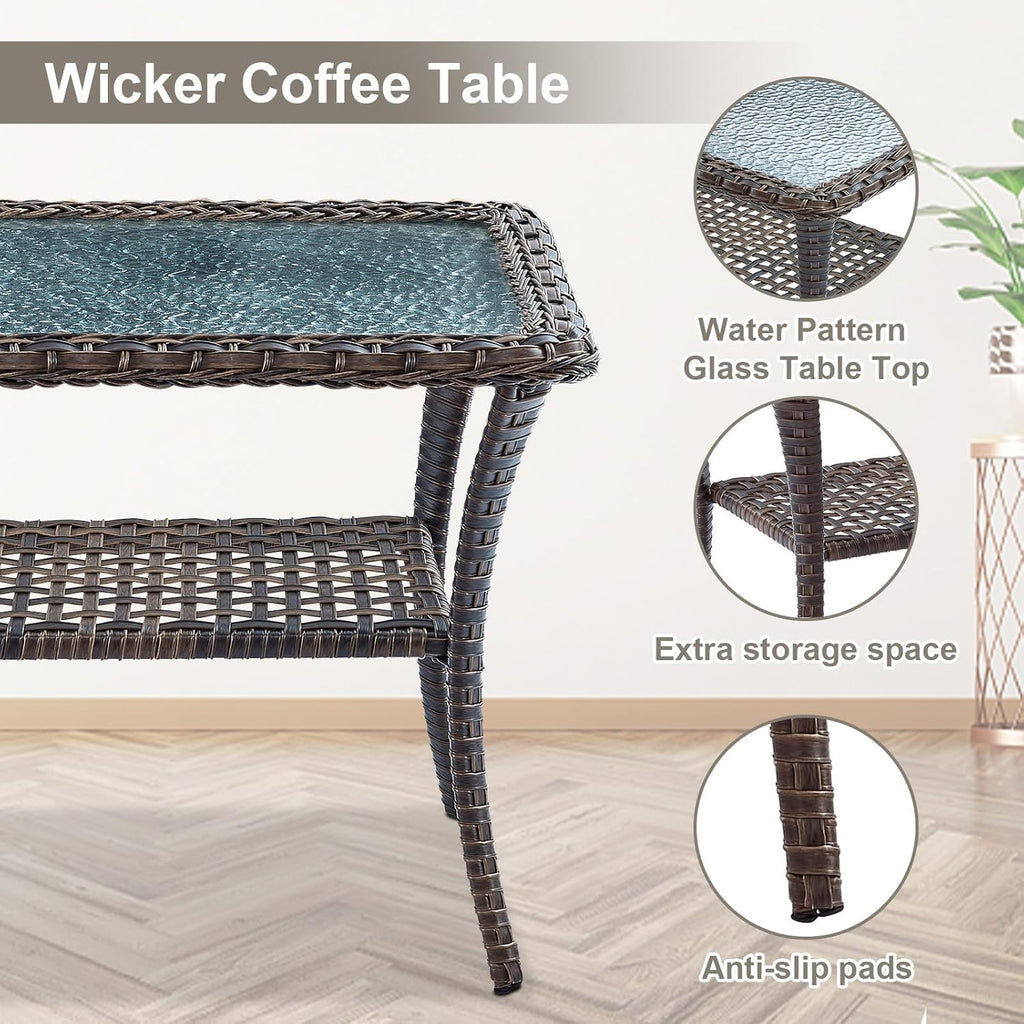 Belord Wicker Outdoor Furniture Set - 7 Piece Patio Conversation Sets with Comfort Swivel Rocker Glider Patio Chairs Set of 2 and Rattan Sofa, Tempered Glass Coffee Table and Side Table,Brown/Gray