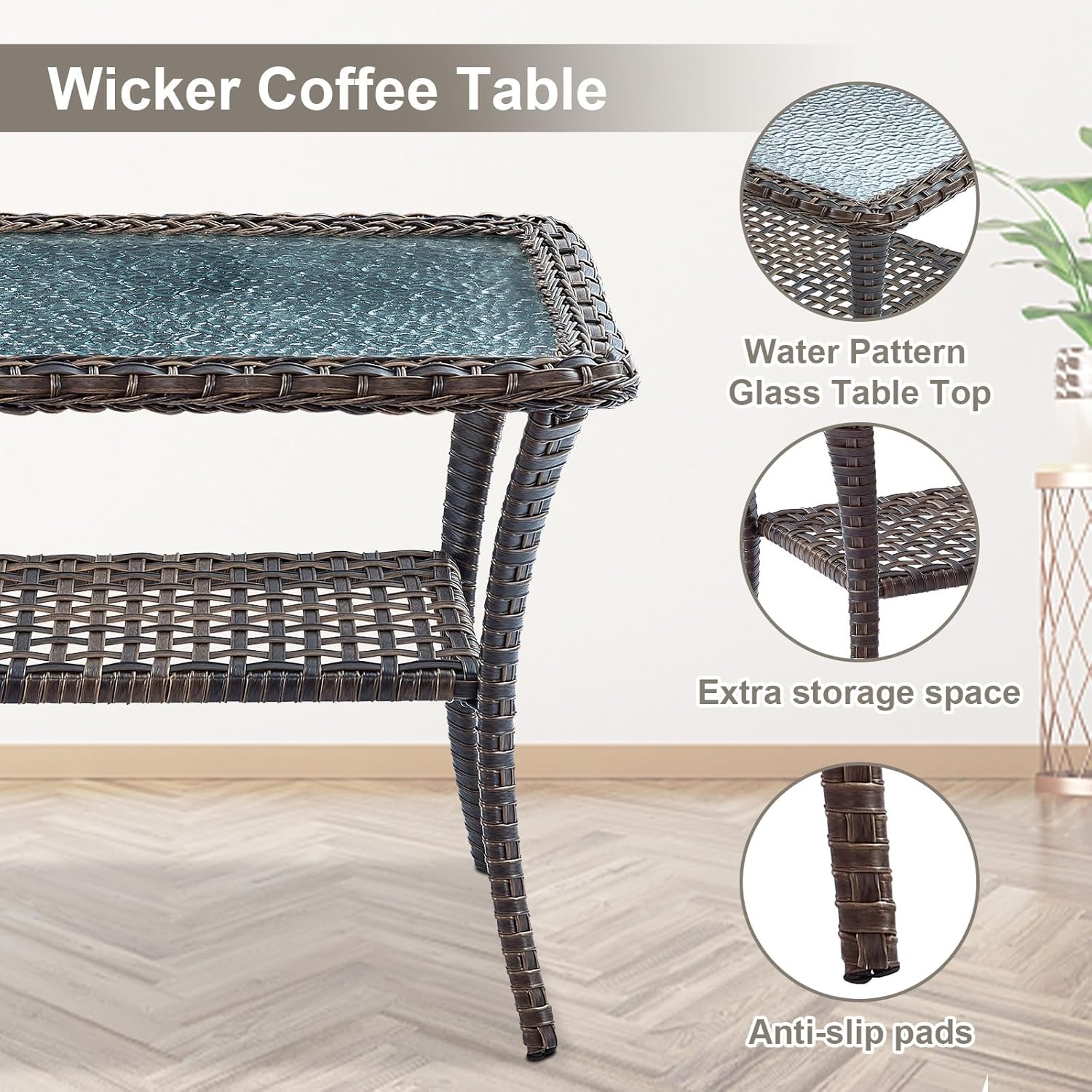 Belord Wicker Outdoor Furniture Set - 7 Piece Patio Conversation Sets with Comfort Swivel Rocker Glider Patio Chairs Set of 2 and Rattan Sofa, Tempered Glass Coffee Table and Side Table,Brown/Gray