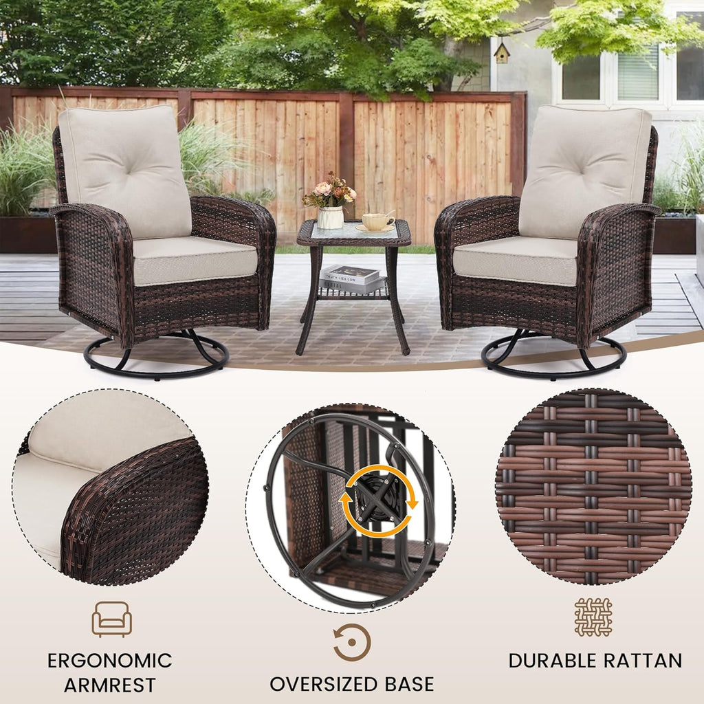 wildformers Luxury Outdoor Swivel Wicker Glider Patio Chairs with Table Set, Overstuffed Washable Cushions, Ideal for Porch, Balcony, Deck, Brown Rattan and Beige Cushion