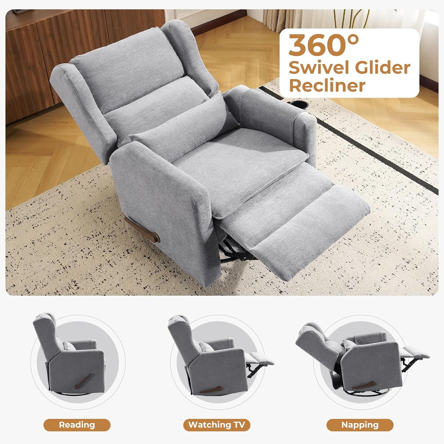 Large Glider Rocker Recliner,Rocking Chair Nursery with Adjustable Headrest,Swivel Rocker Recliner with Lumbar Support,Manual Nursery Rocker Recliner for Living Room& Bedroom,Grey