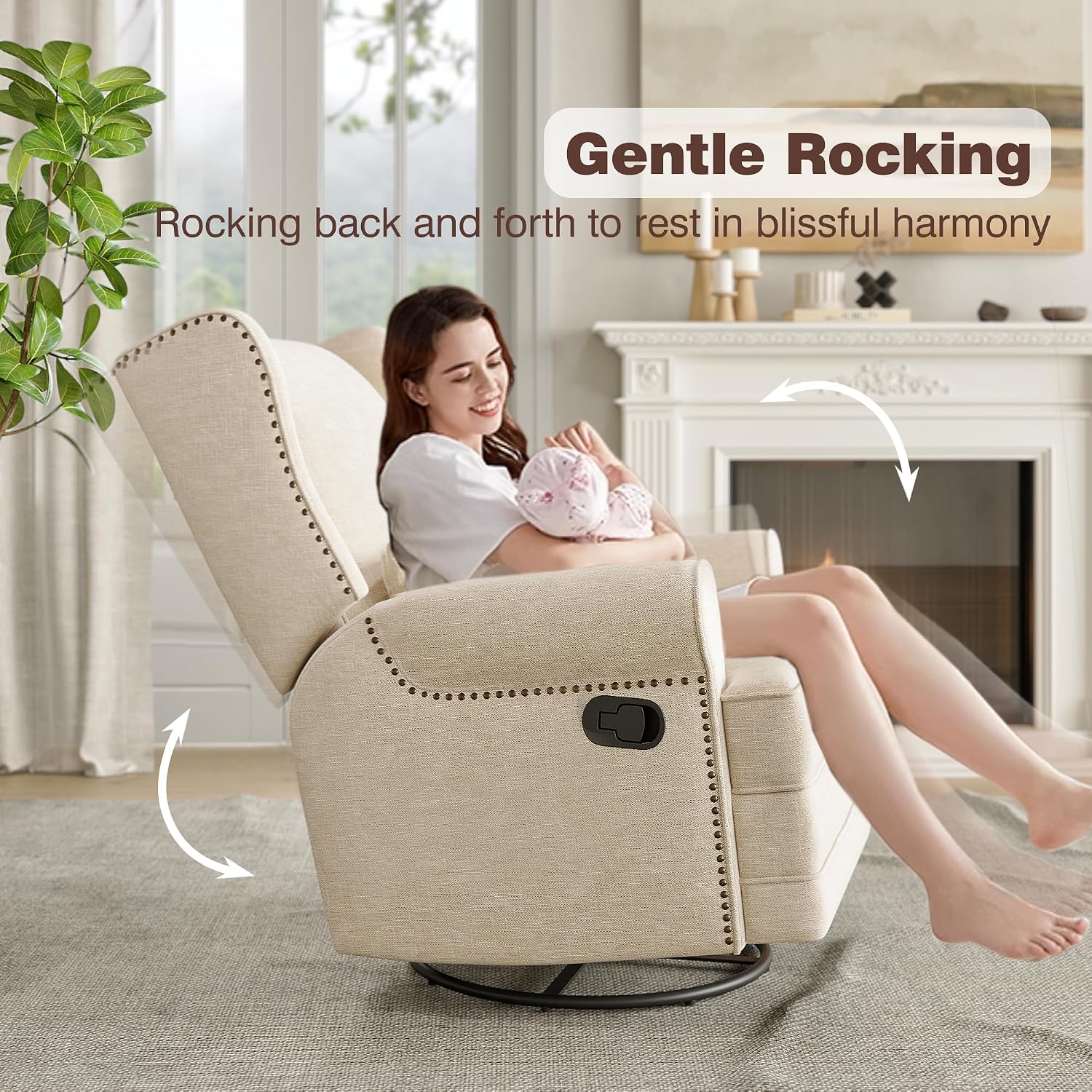 May in Color Swivel Recliner Chair with Extra Large Footrest, Comfy Upholstered Glider Rocking Chair for Living Room, Bedroom and Ofice, Beige