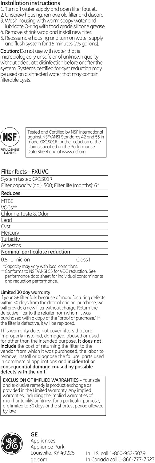 GE Premium Single Stage Drinking Water System Replacement Filter, Fits GX1S01R Under Sink Filtration System, Replace Every 6 Months, FXUVC | (Pack of 3)