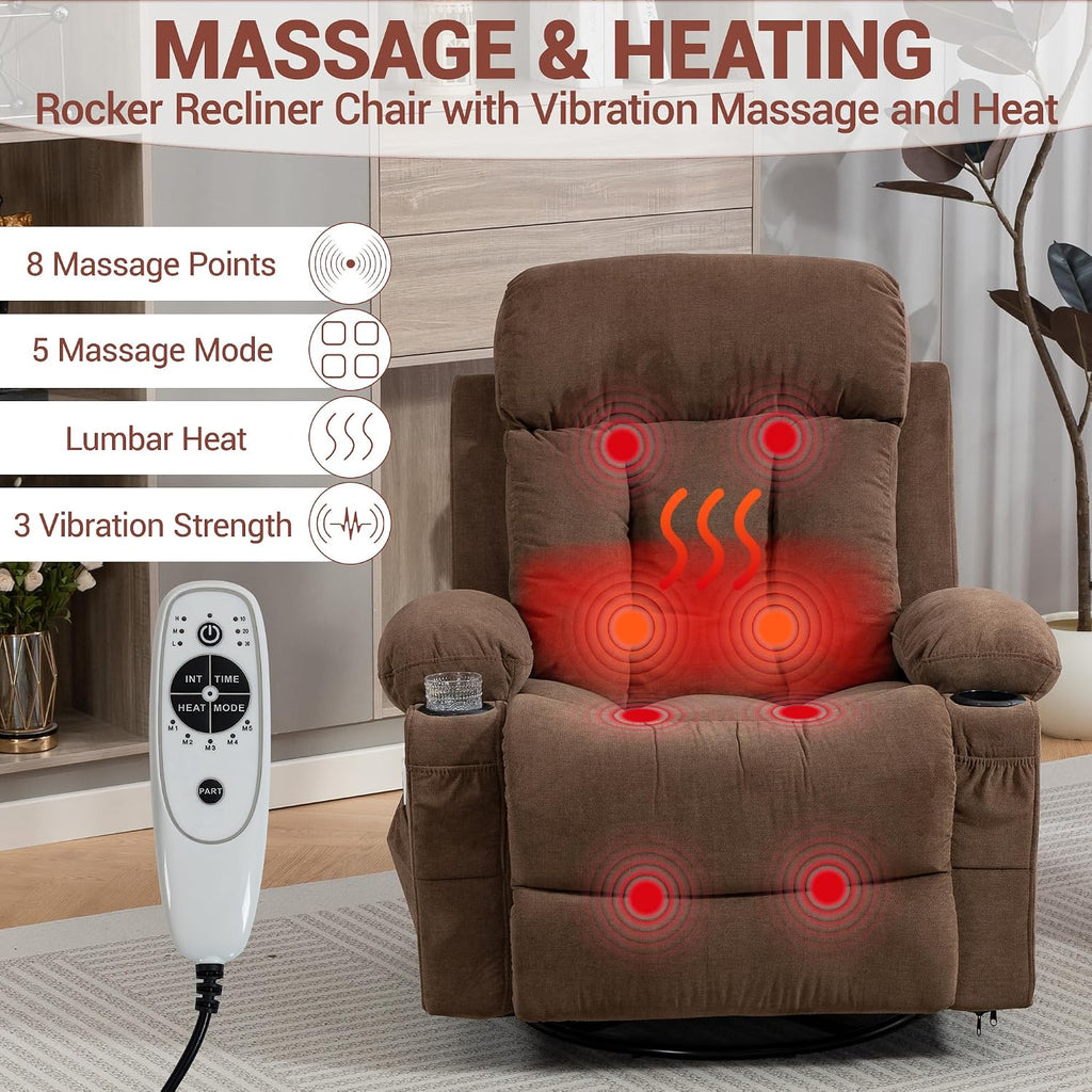 Swivel Recliner Chair for Adults w/Vibration Massage and Heating, 360° Rocker Glider Recliner w/Cup Holder and USB Charge Port for Living Room, Bedroom, Brown
