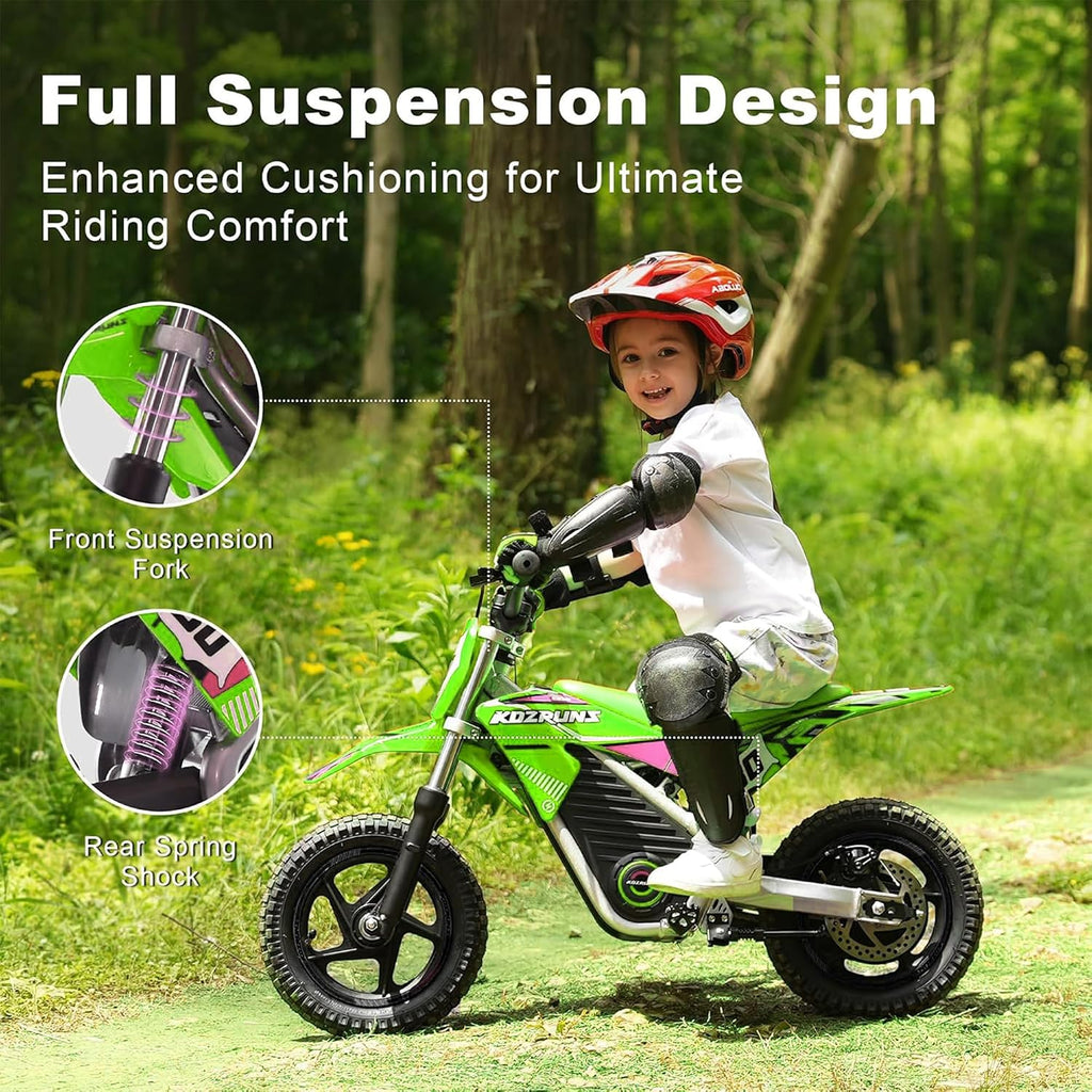 Electric Dirt Bike for Boys Girls Ages 3-8, 250W High Racing Competition Grade Motorcycle, Up to 15MPH 3 Speed Settings Balance Bike, 12IN Off-Road Tires & Advanced Shock Absorption, Green