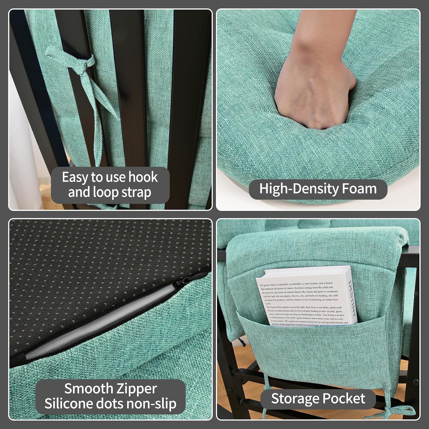 BUYUE Glider Rocker Replacement Cushion 5 PCS with Ties, Linen High-Density Foam Non-Slip & Washable Rocking Chair Pads for Sitting, Light Green